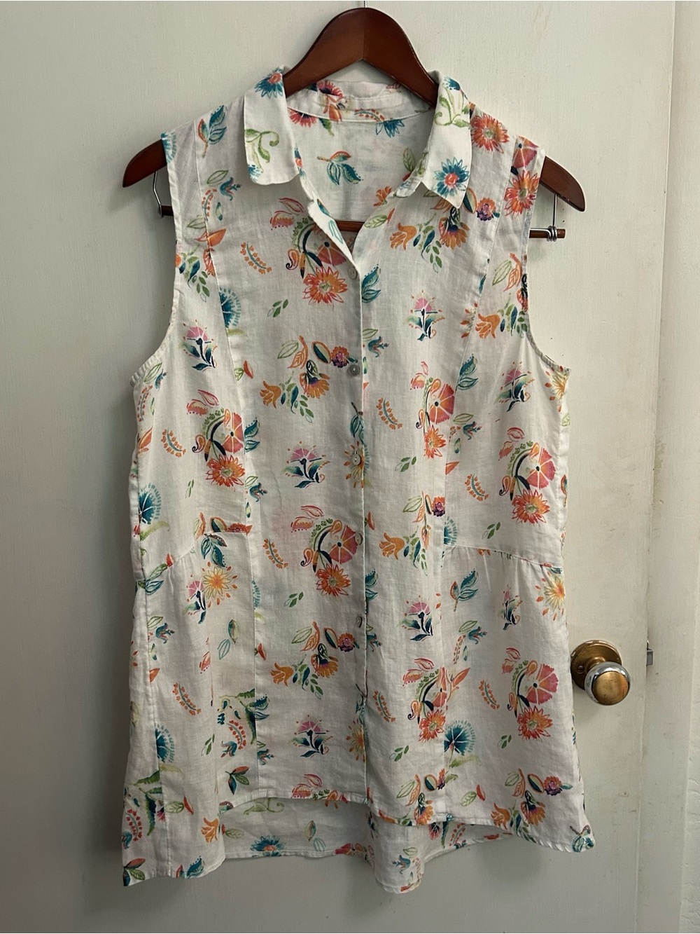 J. Jill Love Linen tunic top shirt sleeveless floral print womens small coastal